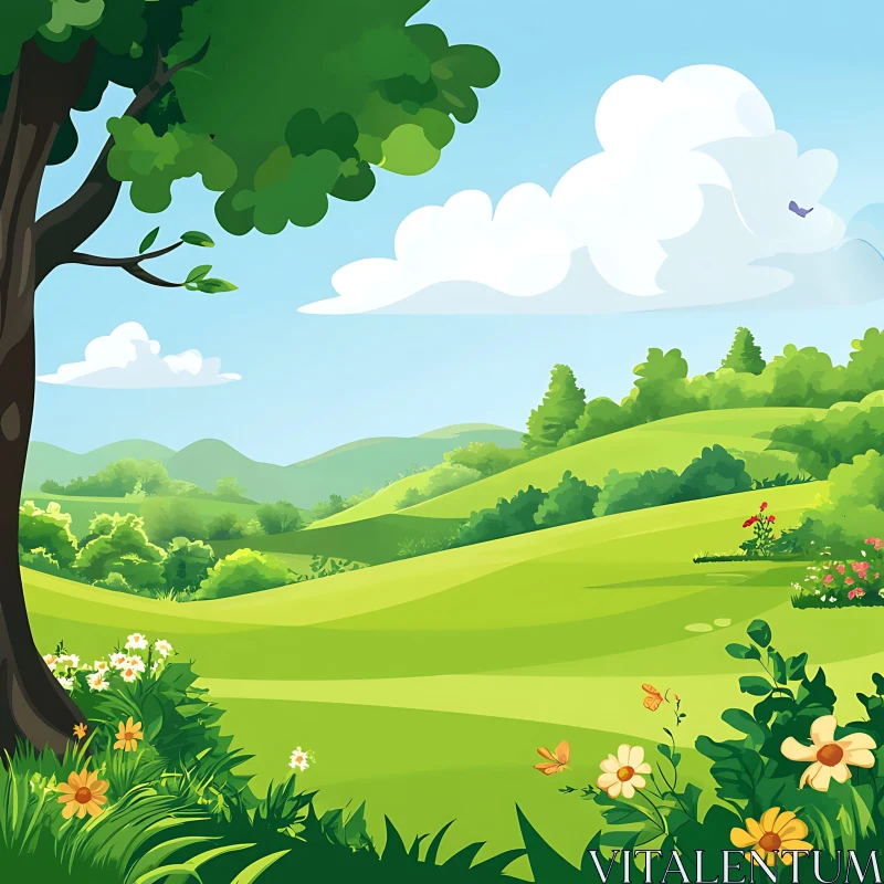 AI ART Green Field Cartoon Illustration