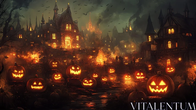 AI ART Halloween Night Scene with Pumpkins