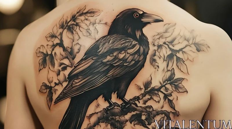 Realistic Crow and Leaves Back Tattoo Artwork AI Image