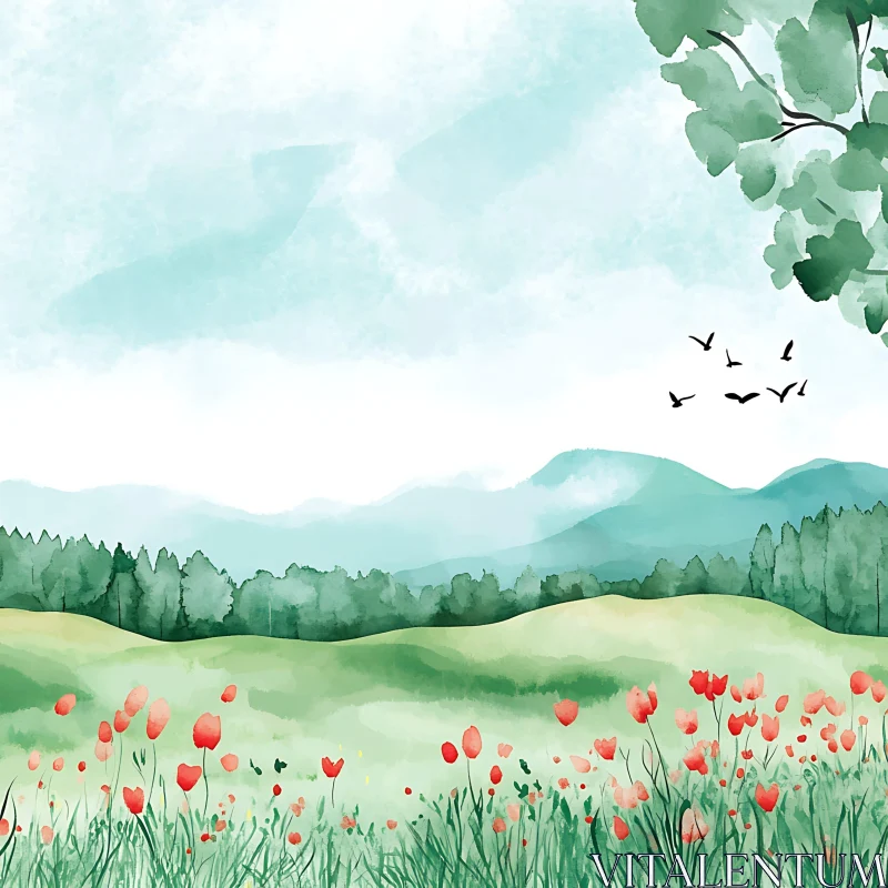 AI ART Peaceful Watercolor Field with Distant Mountains