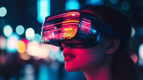 VR Headset Reflecting Neon Cityscape
