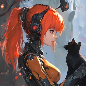 Futuristic Cyborg Woman and Black Cat