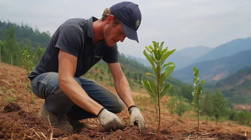 Man Planting Tree Sapling in Field