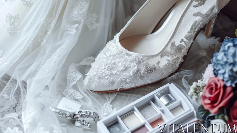 Elegant White Wedding Dress with Lace Shoes and Floral Appliques AI Image