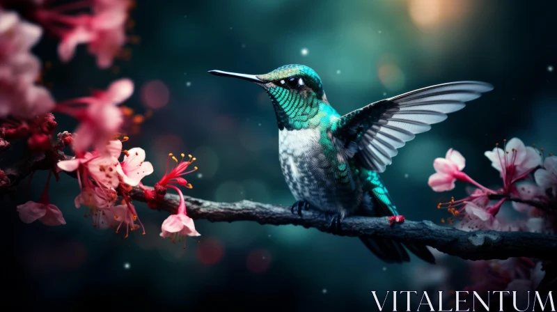 Enchanting Hummingbird and Cherry Blossoms Illustration AI Image