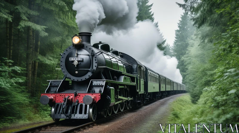 Enigmatic Steam Train Journey Through a Green Forest AI Image