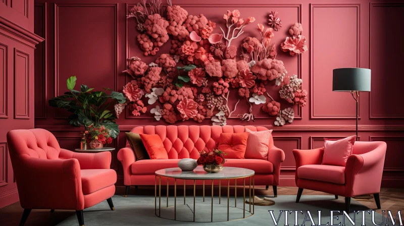 Luxurious 3D-Rendered Living Room with Floral Surrealism Design AI Image