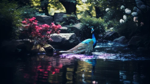 Photo-Realistic Peacock in Stream - Japanese Photographic Art