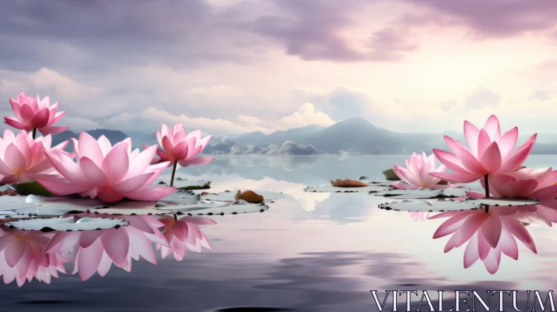Serene Pink Lotus in Mountain Landscape - Ethereal 3D Art AI Image