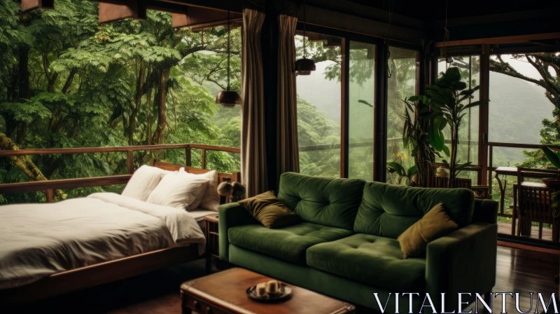 Serenity in the Rainforest: A Moody Living Space Surrounded by Nature AI Image