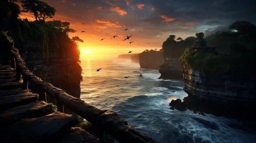 Tropical Sunset over Ocean and Cliffs - Indonesian Gothic Art