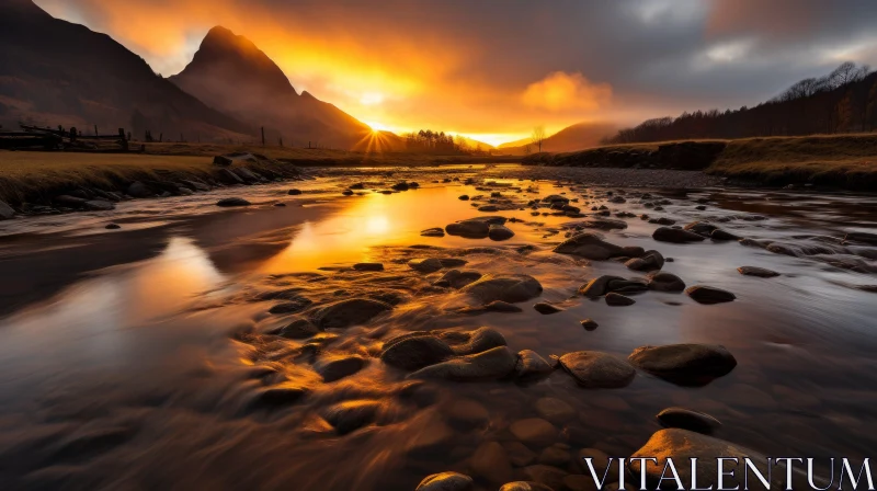 Unreal Landscapes: Rocks and River Water in Dark Orange and Light Gold AI Image