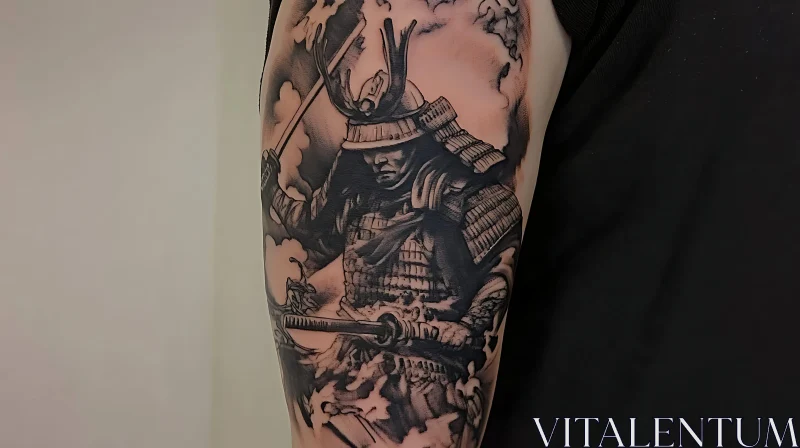 Detailed Black and Grey Samurai Tattoo AI Image