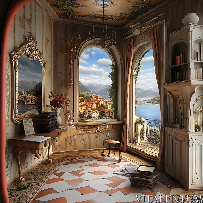 AI ART Vintage Room with Lake Landscape