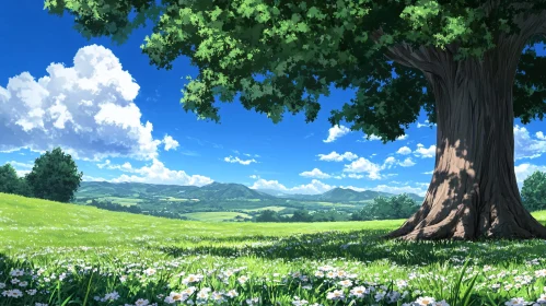 Scenic Field with Tree and Flowers