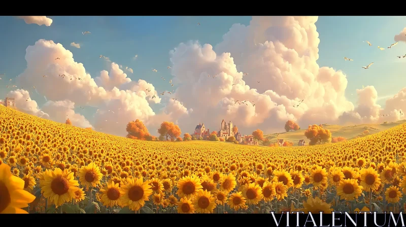 AI ART Golden Sunflowers and Distant Castle