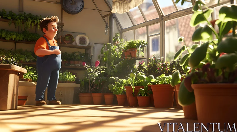 Sunlit Greenhouse with Boy and Plants AI Image