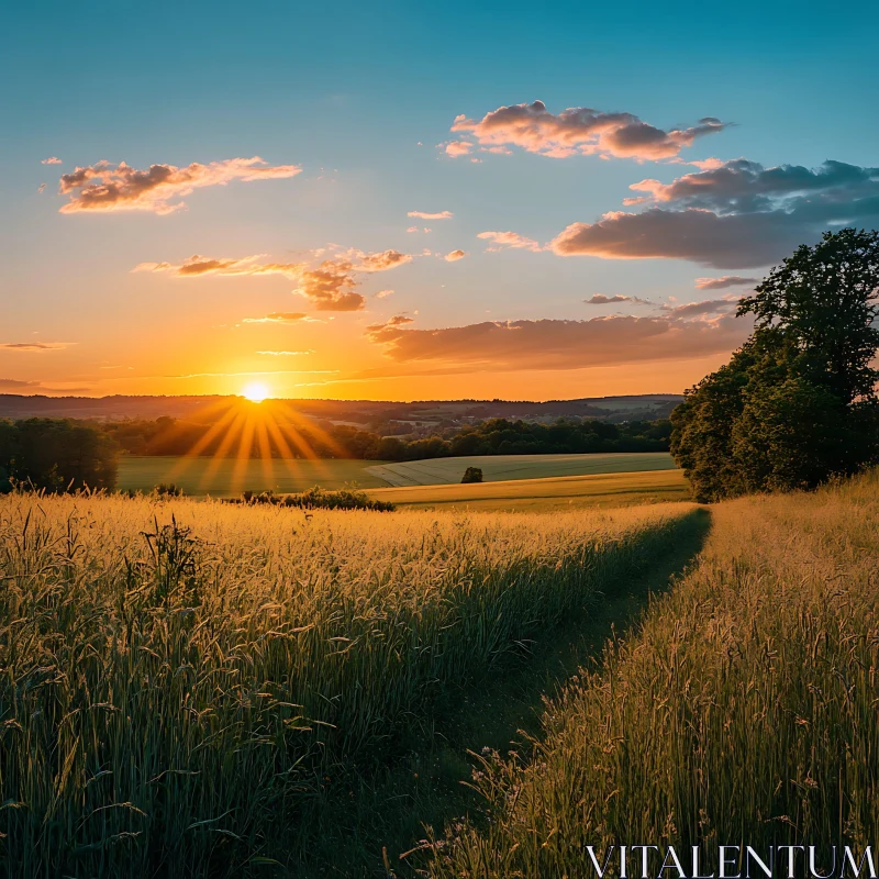 AI ART Sunset Over Wheat Field Landscape