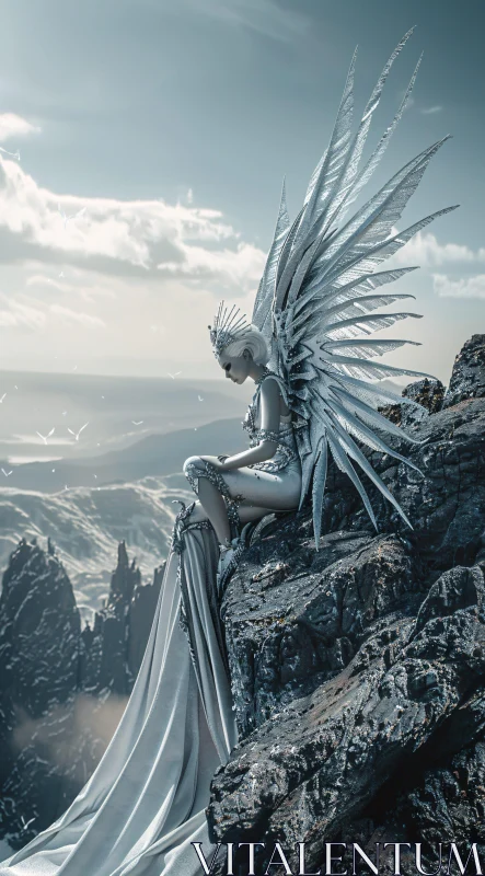 Silver Angel Contemplation on Mountain Top AI Image