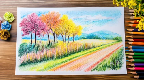 Pastel Landscape with Pink and Yellow Trees