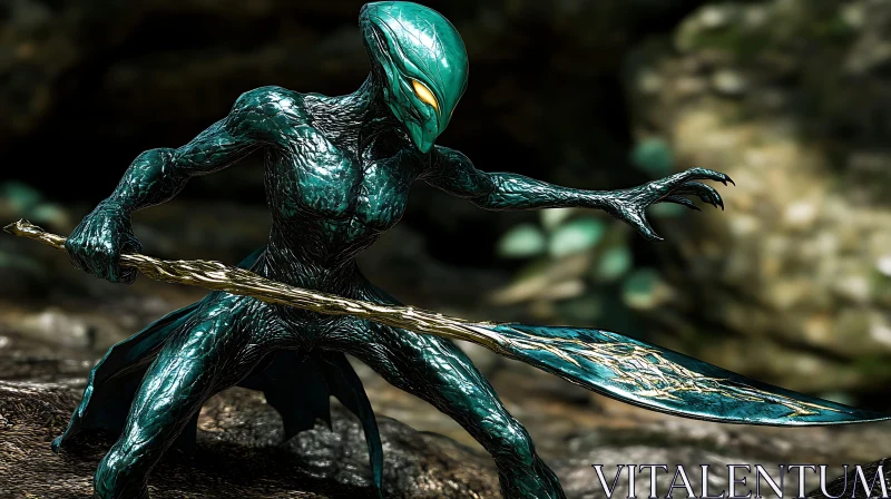 Teal Alien Ready for Battle AI Image