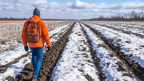 Man Walking in Snowy Field