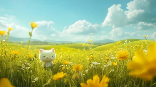 Cute Kitten in Meadow of Flowers