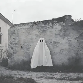 Monochrome Ghost Before Ancient Wall