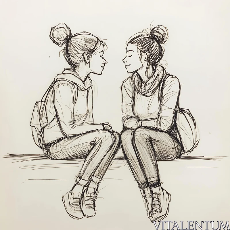 Monochrome Sketch of Two Girls AI Image