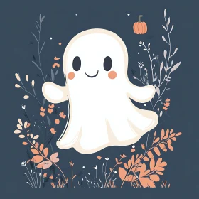 Cute Ghost with Pumpkin and Plants