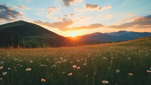 Mountain Sunset Daisy Field Landscape