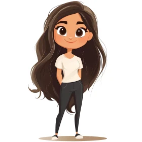 Cute Cartoon Girl with Brown Hair