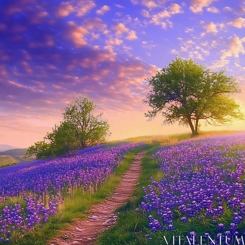 Purple Flowers Field with Trees AI Image