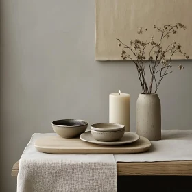 Neutral Still Life with Candle and Flowers