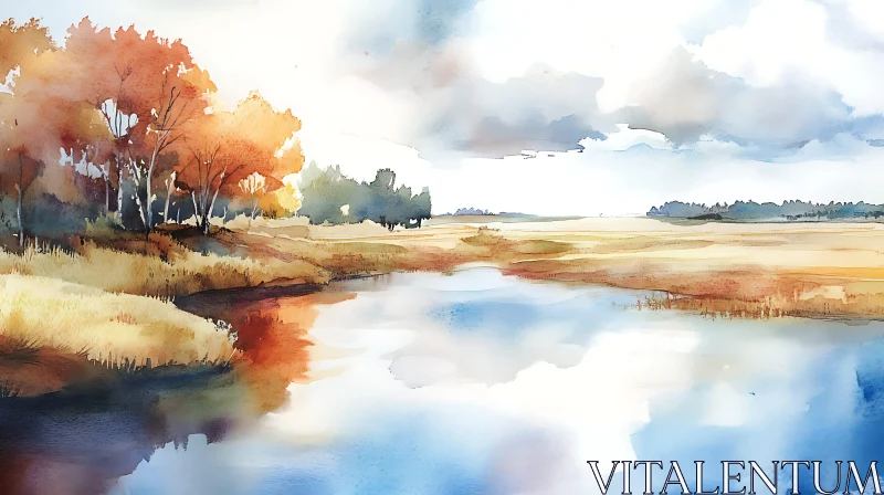 AI ART Peaceful Autumn River Scene in Watercolor