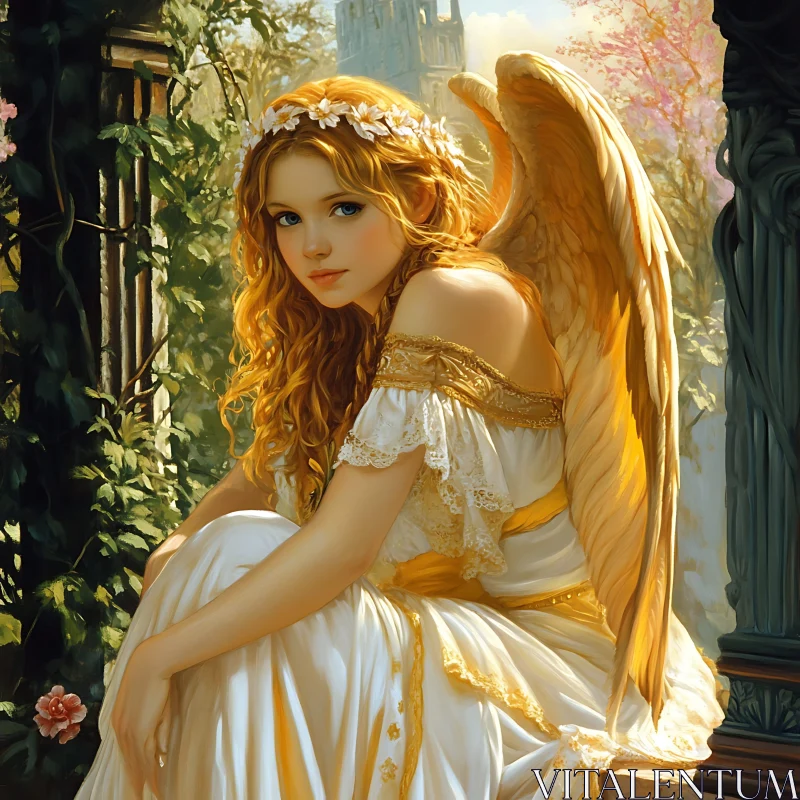 Golden Winged Angel in White Dress AI Image