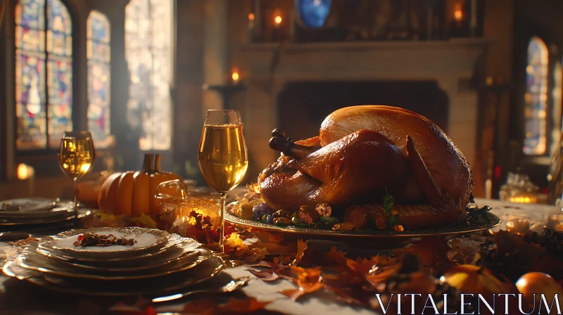 Roasted Turkey on Thanksgiving Table AI Image