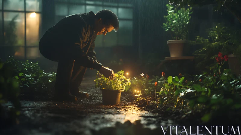 Man Gardening in the Rain AI Image