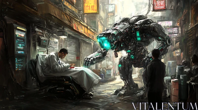 Cyberpunk City Scene with Giant Robot and Lab Technician AI Image