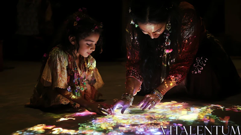 Intimate Moment: Traditional Attire and Light Play AI Image