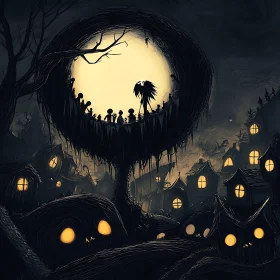 Silhouette Figure in a Spooky Village