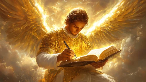 Winged Angel Scribing in Golden Light
