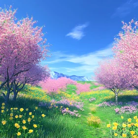 Pink Blossom Trees, Blue Sky