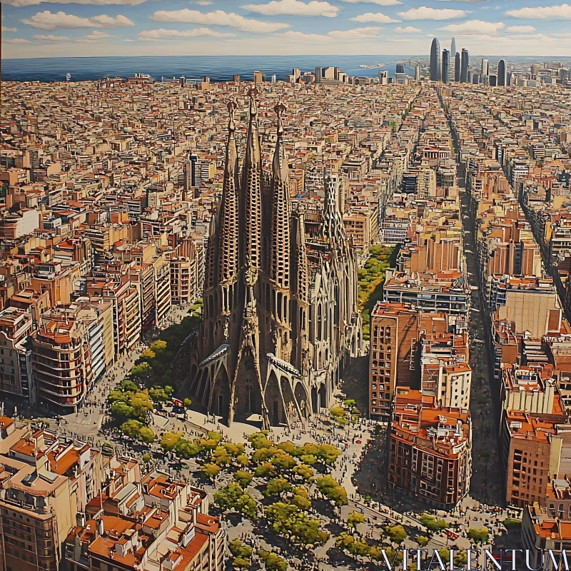 Aerial View of Barcelona Featuring Sagrada Familia AI Image