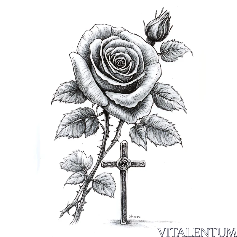 Rose and Cross Detailed Line Drawing AI Image