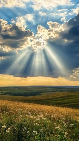 Sunlight Streaming Through Clouds Over Verdant Fields