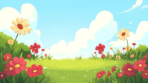 Cartoon Field with Flowers