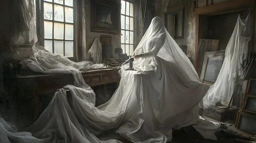 Veiled Figure Sewing in a Vintage Atelier