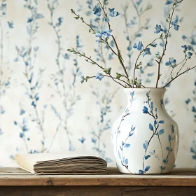 Blue Flowers in Vase with Vintage Book