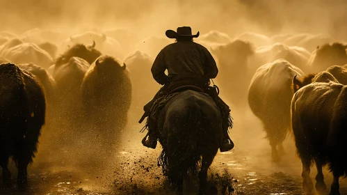 American West: Cowboy Leading Bison Herd